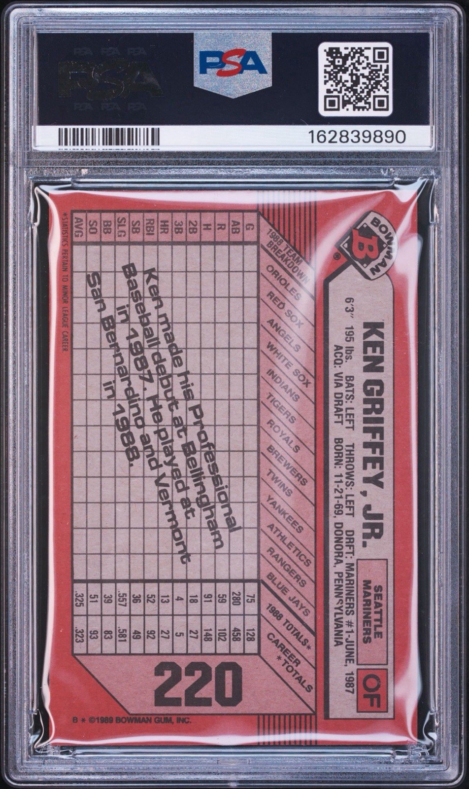 1989 Bowman #220 KEN GRIFFEY JR. Rookie Card (RC) Seattle FRESH GRADED PSA 8 view 2