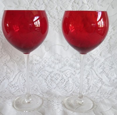 2 LENOX CRYSTAL HOLIDAY GEM RUBY RED 8 7/8'' BALLOON WINE GLASS GOBLETS 16oz ETCH