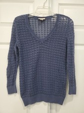 Ann Taylor Loft Open Knit Sweater Women Sz X-Small Cotton Navy Blue Long Sleeve