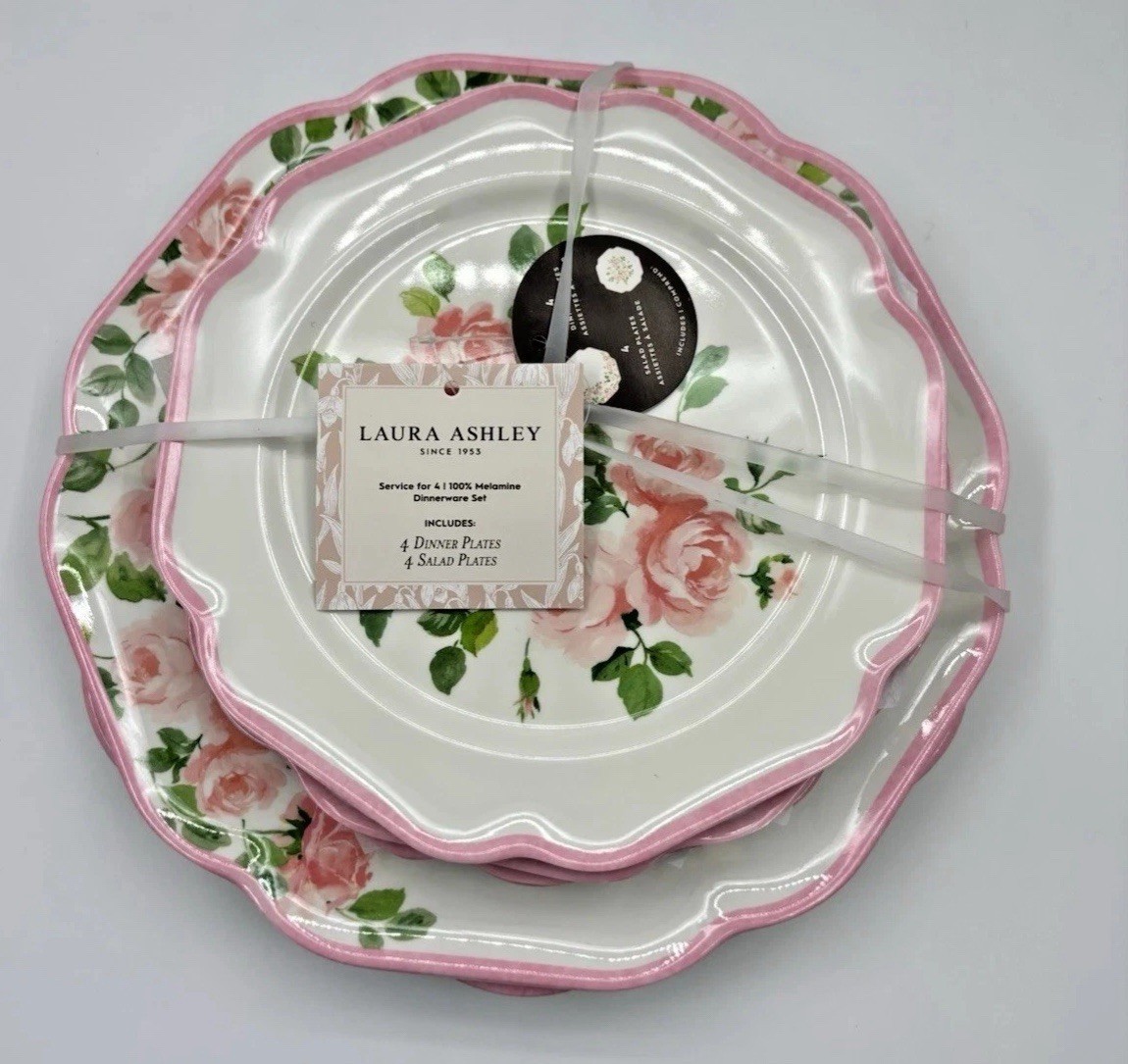 8pc Laura Ashley Pink Rose Floral Melamine Salad & Dinner Plate Set Spring NEW