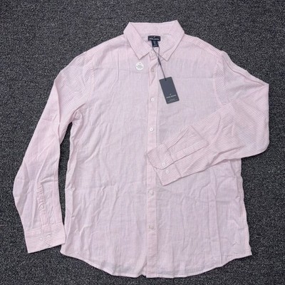 Daniel Hechter Paris Mens Large Pink White Striped Linen Blend Button Down Shirt