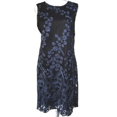 Karl Lagerfeld Paris Dress Size 10 Black Blue Floral Sheer Overlay Sheath