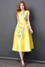 Yellow Floral Fit and Flare Midi Dress Party Dress