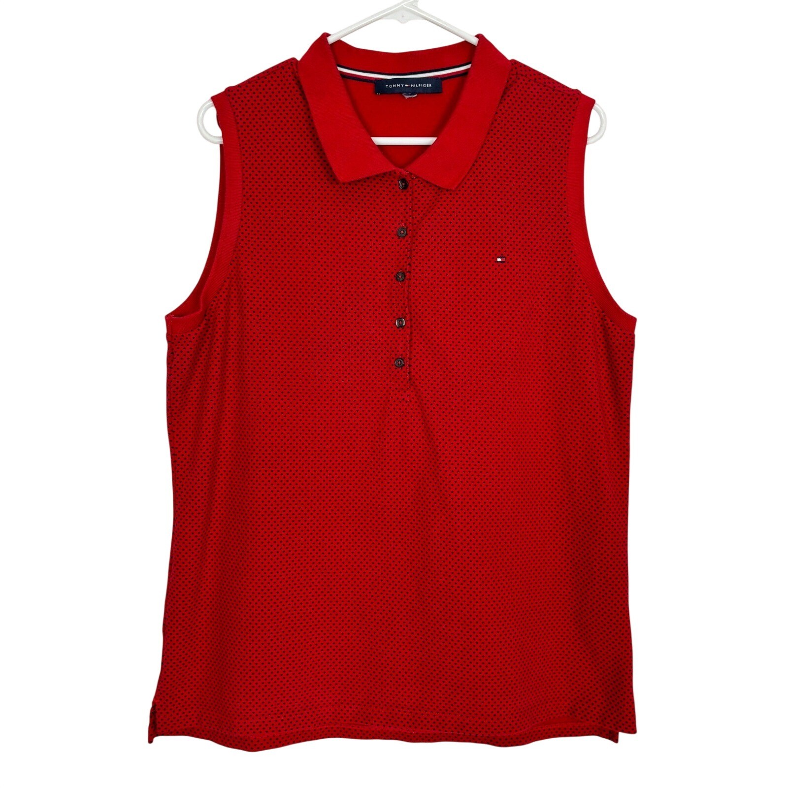 Tommy Hilfiger Sleeveless Polo Women XL Red Micro Dot Preppy Golf Sporty Top