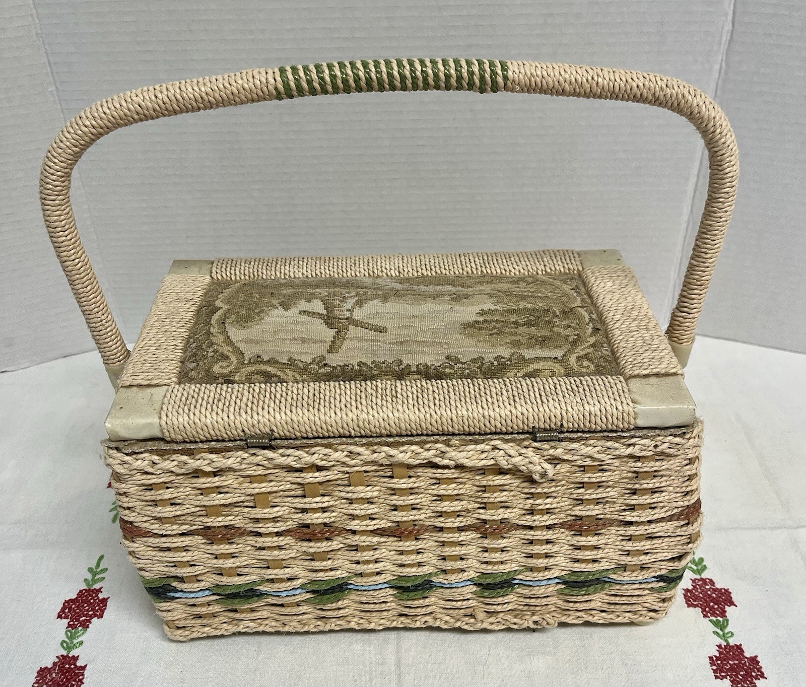 Vintage Woven Sewing Picnic Basket Box With Handle, Embroidered Country Lake Scene Windmill, vintage trinket box