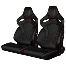 BRAUM Black Leatherette ORUE Racing Seats Diamond Ed. w/ Red Stitching - Pair