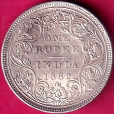 BRITISH INDIA (0/4 DOTS) 1862 VICTORIA QUEEN ONE RUPEE BEAUTIFUL SILVER COIN#Q10