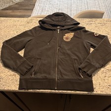VINTAGE Lucky Brand Hoodie Women L Black Full Zip Love Rally Moto City Wings Y2K