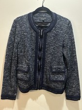 Talbots Navy Blue Tweed Blazer Size 14 Zip Front Pockets Jacket Braided Trim