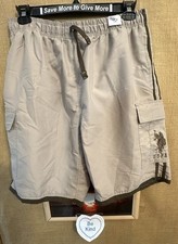 U.S. Polo ASSN. men s beige XL cargo swim trunk mesh brief elastic waist striped
