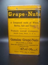 VINTAGE GRAPE NUTS POSTUM CEREAL TIN CONTAINER