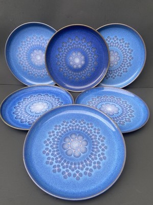 6 Denby Langley MIDNIGHT Dinner Plates Blue Flower Handcrafted England 10  *READ