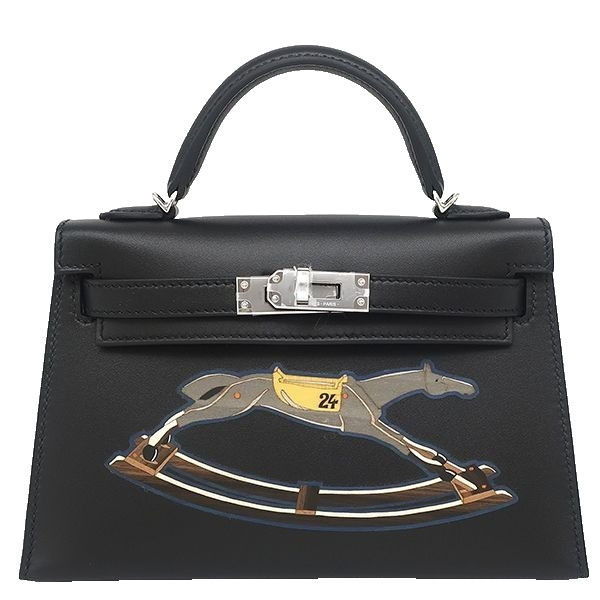 HERMES 2WAY Bag Mini Kelly de Cheval de Bois Noir Calf Leather Tadelakt Black K