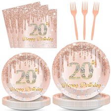 96 PCS Rose Gold 20th Birthday Party Decorations Tableware Set 24 Guests Pink