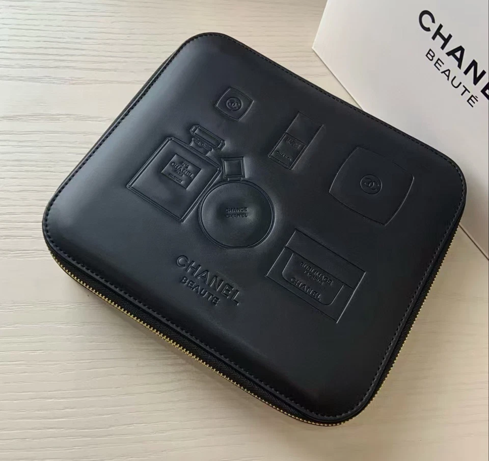 NIB • CHANEL Black Leather (pu) Embossed 3 Compartment Vanity Case • 10”x9”x2” - Image 3 of 4