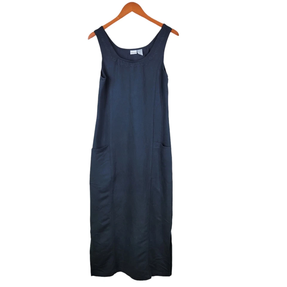 Vintage Embroidered Overall Dress Small Long Maxi Modest floral Black Sheath - Image 2 of 4