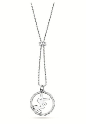 NEW MICHAEL KORS SILVER,CIRCLE MK LOGO CRYSTALS PAVE CHARM,CHAIN NECKLACE