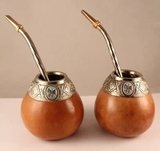 Argentina Yerba Mate Gourd Cups Ornate Silver Chased Rim & Straw Hand Made