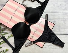 Victoria's Secret Shine Strap Push-Up Bra Thong Set Smooth Black