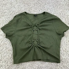 Shein Womens Size XL Short Sleeve Crop Top Green V Neck 