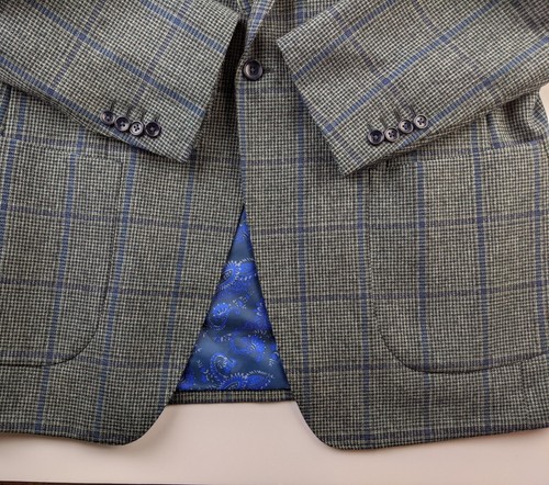 Savile Row Bespoke Sport Coat 43 Gray Blue Houndstooth Windowpane Surgeon Cuff - Picture 5 of 9