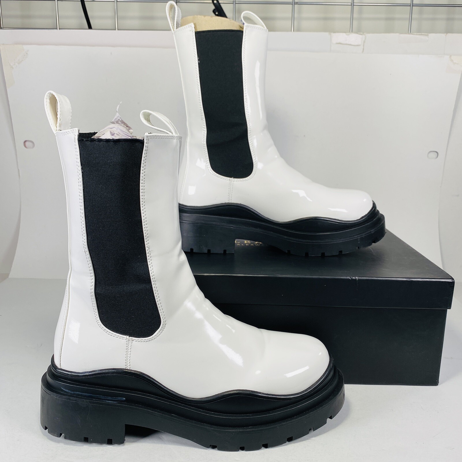 Size 10 Azalea Wang Akira Ghosted White Black Mid Calf Chelsea Boot Faux Leather