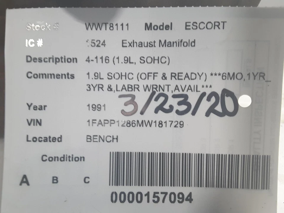 Colector de escape usado se adapta a: Ford Escort 1991 4-116 1,9 L SOHC grado A Foto 3 de 4