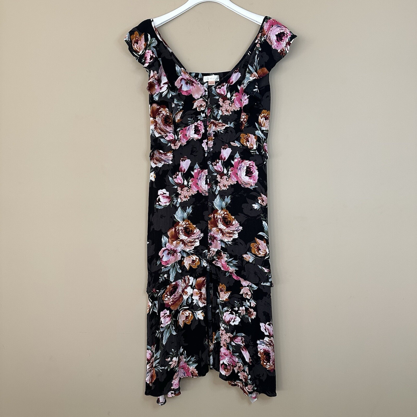 Boho Floral Babydoll Dress Black Cottagecore Ruffled M Women Gypsies