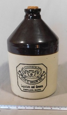 Antique Geo C Shaw Portland Maine Stoneware Advertising Jug 1 Gallon c1880