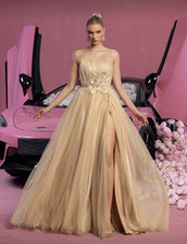 #694-10 Beige Tulle Spaghetti Strap Floral Appliqué Slit Gown Size 10/12 