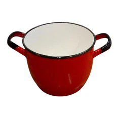 Vintage Huta Silesia Red Enameled Stockpot Black Rimmed Double Handled Cook Pot