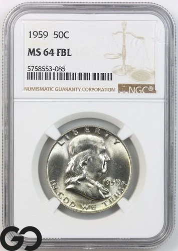 1959 Franklin Half Dollar, FULL Bell Lines, NGC MS 64 FBL ** Verey Nice!