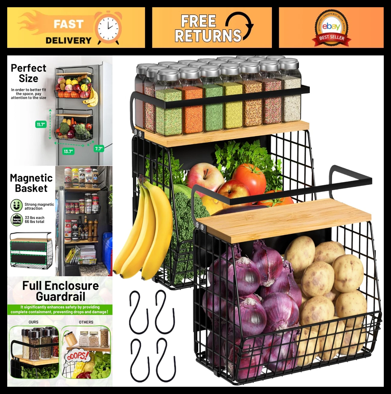 Magnetic Refrigerator Shelf Set with Wood Lid - Fruit, Onion & Spice Storage Bin