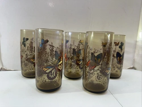 Set 5 Vintage Anchor Hocking Butterfly Smoke Amber Tumbler Glasses 6" Libbey