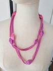 Vintage Plastic Bead Costume Jewelry Necklace Hot Pink & Purple Geometric 47"