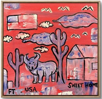   Sweet Home USA  : Vibrant Naive Folk Art Bull & Cactus Corbellic Art acrylic