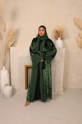 Roya Chiffon Velvet Open Flare Abaya Jacket in Dark Green