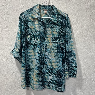 White Stag XL  Top Shirt Blue Snake Print Button Up Tab 3/4 Sleeve Collared