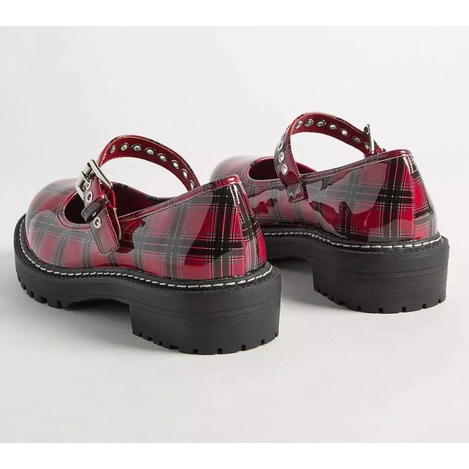 Torrid 8WW Red Plaid Patent Mary Jane Lug Shoe Buckle Shoes Punk Gothic New Wide - Image 3 of 3