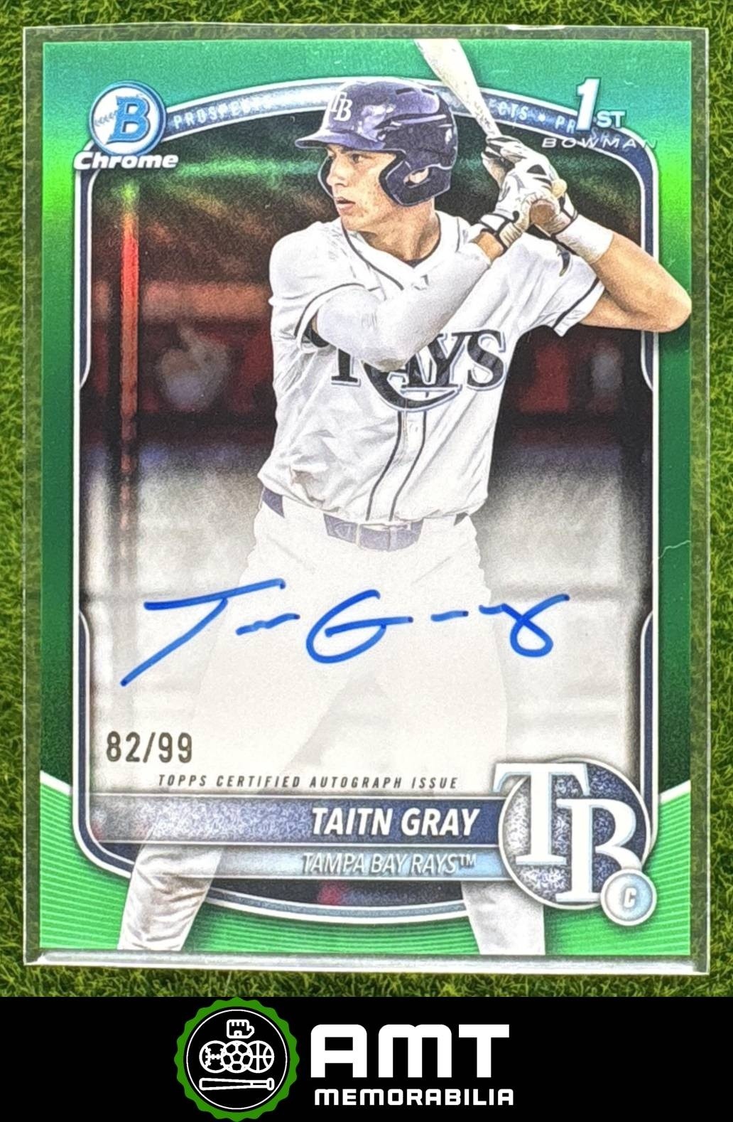 Taitn Gray Auto 2025 Bowman Draft 82/99 Chrome Prospect Green Tampa Bay Rays
