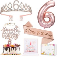 6th Birthday Decorations for Girls, Cake Topper, Sash, Tiara, Balloons