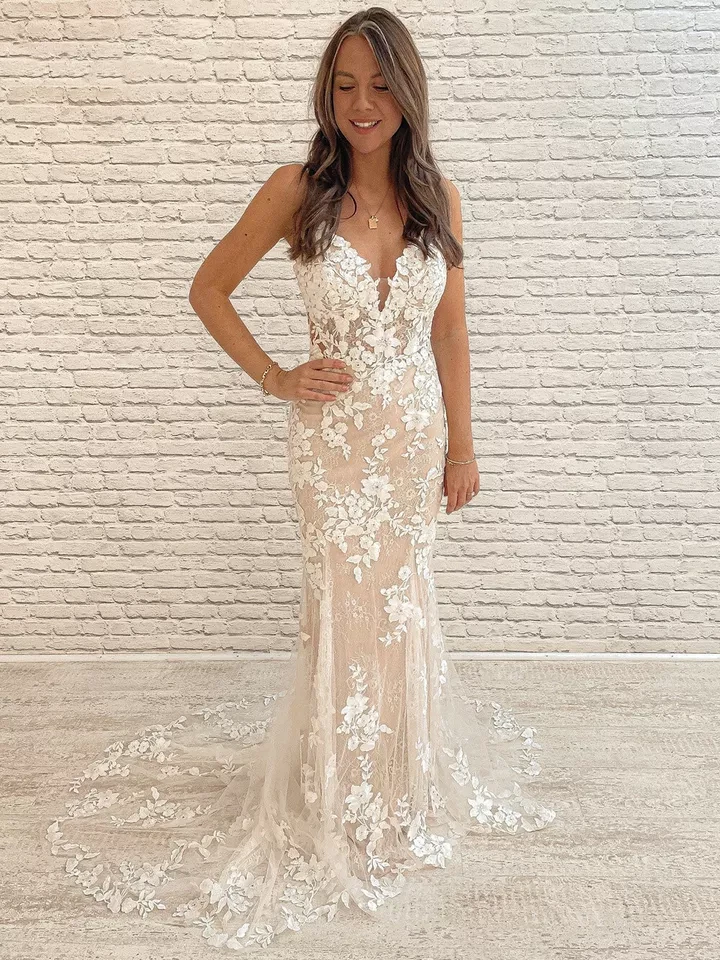 Elegante Boho Playa Sirena Vestidos de Boda Correas Encaje Apliques Sin Mangas Foto 2 de 4