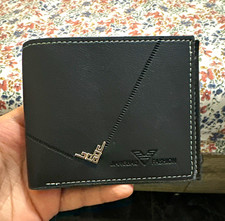 Men's Black Bifold Wallet w/ Logo Stitching, Credit Card Slots ID Window