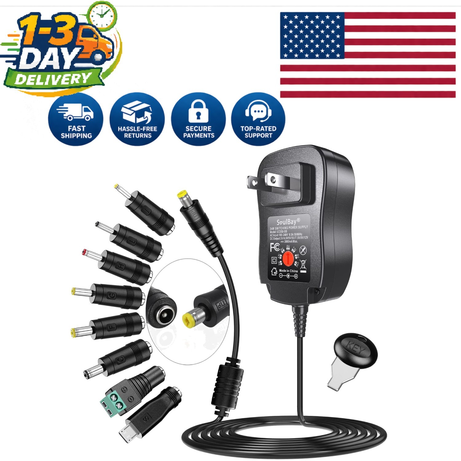 Safe & Reliable 24W Universal Adapter with 8 Changeable Plugs and Protection