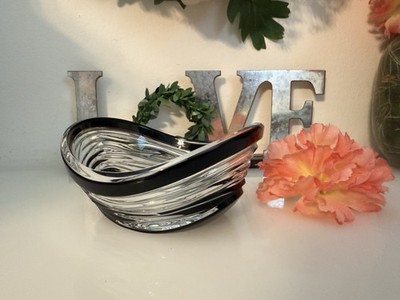 Vintage Caesar Crystal Bohemian Glass Bowl 5 X 4  Clear Black Graduated Swirls