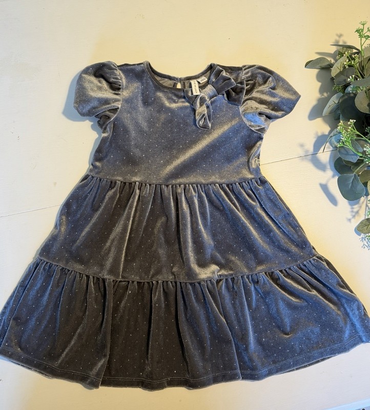 Janie and Jack Girls Gray Velvet Fit & Flare Puff Sleeve Round Neck Dress size 5