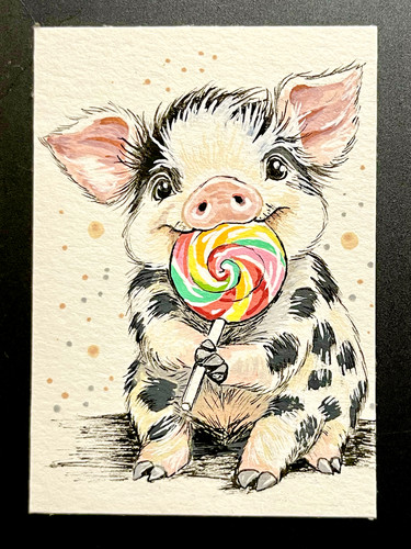 ACEO Original Abstract Whimsical Pig Mini Art Painting by Annibbie