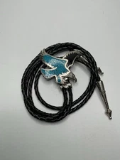 Vtg. Eagle Bolo Tie with Crushed Turquoise Inlaid Silver Plate/Tips, Black Cord.