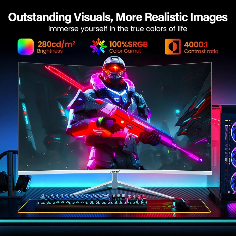 Monitor Curvo Gawfolk 27 Pulgadas 100Hz, PC Gaming con 27 Pulgadas, Blanco  - Imagen 2 de 4