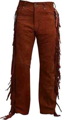 New Men Pant Brown Leather Genuine Lambskin Motorcycle Fringes Soft Suede Party
